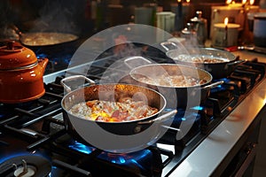 Gas stove magic Pots harmonize, cooking delicious food in kitchen