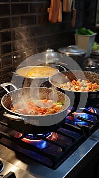 Gas stove magic Pots harmonize, cooking delicious food in kitchen