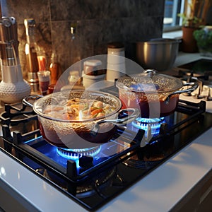 Gas stove magic Pots harmonize, cooking delicious food in kitchen