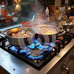 Gas stove magic Pots harmonize, cooking delicious food in kitchen