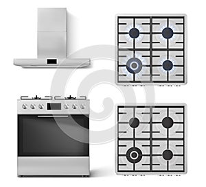 Gas stove with oven and metal cooker hood