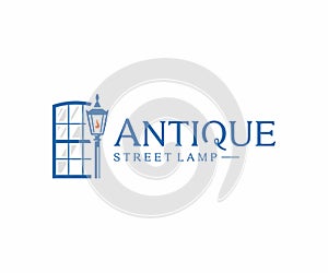 Gas street light logo design. Retro street lamp with wooden vintage arched window vector design