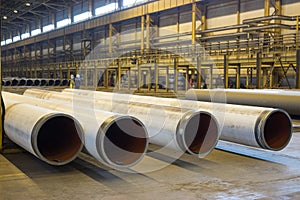 Gas supply pipes of large diameter are stacked in workshop