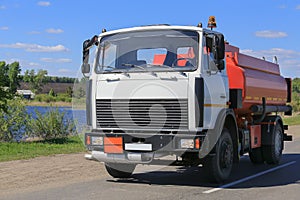 Gas-tank truck goes on highway