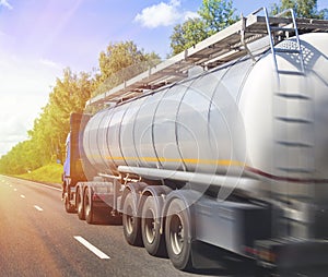 Gas-tank truck goes on highway