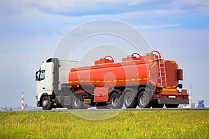 Gas-tank truck goes on highway