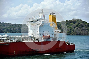 Gas tanker ship transiting through Panama Canal