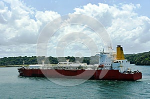 Gas tanker ship transiting through Panama Canal
