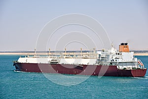 Gas tanker ship transiting Suez Canal.