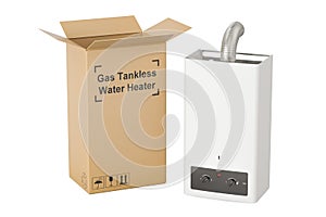 Gas tankless water heater with cardboard box, delivery concept.