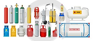 Gas tanks. Compressed oxygen propane dangerous cylinder tanks vector cartoon collection photo