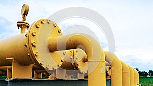 Gas transportation industry. Yellow gas pipeline power technology. Fuel pipe energy equipment. Gas pumping station