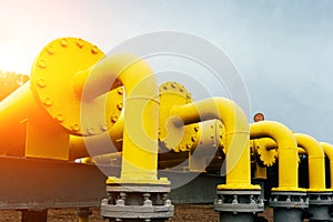 Gas transportation industry. Yellow gas pipeline power technology. Fuel pipe energy equipment. Gas pumping station