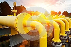 Gas transportation industry. Yellow gas pipeline power technology. Fuel pipe energy equipment. Gas pumping station