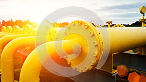 Gas transportation industry. Yellow gas pipeline power technology. Fuel pipe energy equipment. Gas pumping station