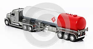 Gas truck with aluminum fuel tanker trailer. 3D illustration