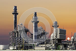 Gas turbine electric power plant industry in asian industrial estate isolated on sky of sunset background.