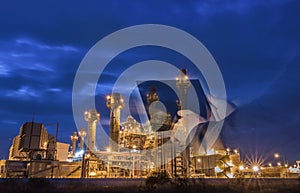 Gas turbine electrical power plant at dusk with blue hour.