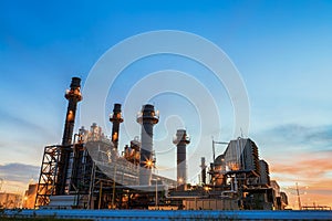 Gas turbine electrical power plant at dusk with blue hour.