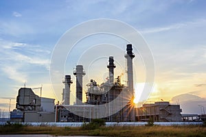 Gas turbine electrical power plant at dusk with twilight