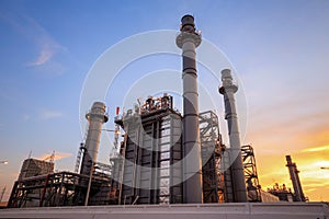 Gas turbine electrical power plant at dusk with twilight