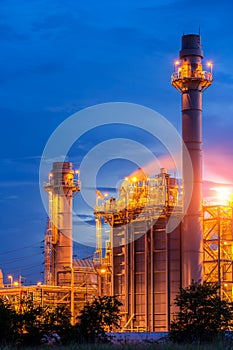 Gas turbine electrical power plant at dusk with twilight