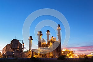 Gas turbine electrical power plant at dusk with twilight