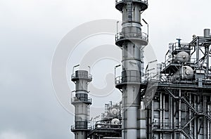 Gas turbine electrical power plant. Energy for support factory. Natural gas tank. Chimney tower of gas power plant. Power plant