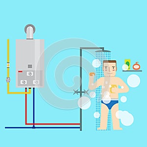 Gas water heater and man in the bathroom taking a shower. Flat i