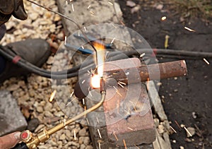 Gas welding of metal at the construction site.