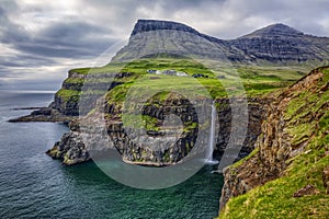 Gasadalur village and Beautiful waterfall,Vagar, Faroe Islands