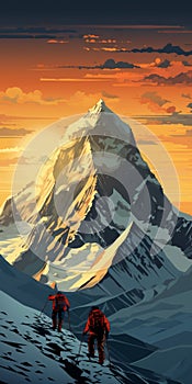 Gasherbrum I Epic Sunset Climbing Poster In Modern Flat Design