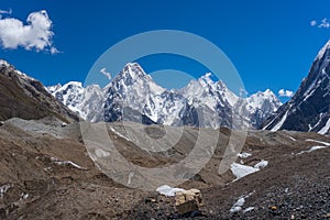 Gasherbrum massif mountain behind Baltoro glacier, K2 trek, Pakistan