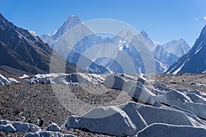 Gasherbrum mountain massif in a morning behide Baltoro glacier,