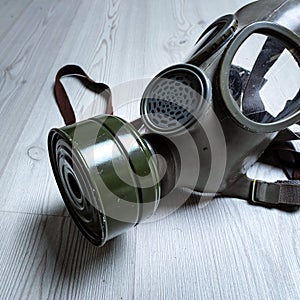 Gasmask on a surface with lots of copy space