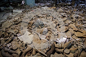 Gasmasks laying on the floor in the school of Pripyat, Chernobyl zone