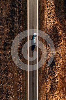 Gasoline fuel tank truck on the road from above