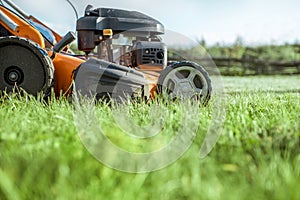 Lawn mower cutting grass