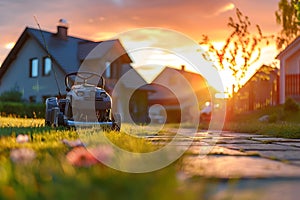 Gasoline lawn mower parked by house at sunset ready for mowing. Concept Sunset Landscape, Lawn
