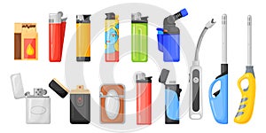 Gasoline lighters. Cartoon plastic petrol lighter, cheap ignition tool ignite cigarette gas kitchen tool, light fire