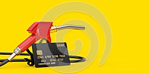Gasoline Pistol Pump Fuel Nozzle, Gas Station Dispenser and Black Plastic Golden Credit Card with Chip. 3d Rendering