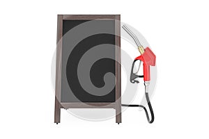 Gasoline Pistol Pump Fuel Nozzle, Gas Station Dispenser with Blank Wooden Menu Blackboards Outdoor Display. 3d Rendering