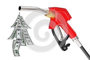 Gasoline Pistol Pump Fuel Nozzle, Gas Station Dispenser with Droplet of Dollars Bills. 3d Rendering