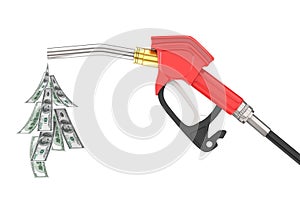 Gasoline Pistol Pump Fuel Nozzle, Gas Station Dispenser with Droplet of Dollars Bills. 3d Rendering