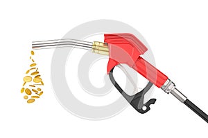 Gasoline Pistol Pump Fuel Nozzle, Gas Station Dispenser with Droplet of Dollars Coins. 3d Rendering