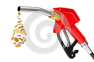 Gasoline Pistol Pump Fuel Nozzle, Gas Station Dispenser with Droplet of Dollars Coins. 3d Rendering