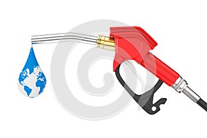 Gasoline Pistol Pump Fuel Nozzle, Gas Station Dispenser with Droplet of Earth Globe. 3d Rendering