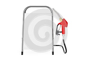 Gasoline Pistol Pump Fuel Nozzle, Gas Station Dispenser with White Blank Advertising Promotion Stand. 3d Rendering