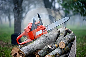 Gasoline powered professional chainsaw on pile of cut wood photo