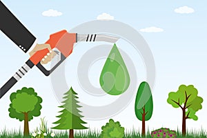 Gasoline pump with drop and green plants, grass,trees..Ecologica